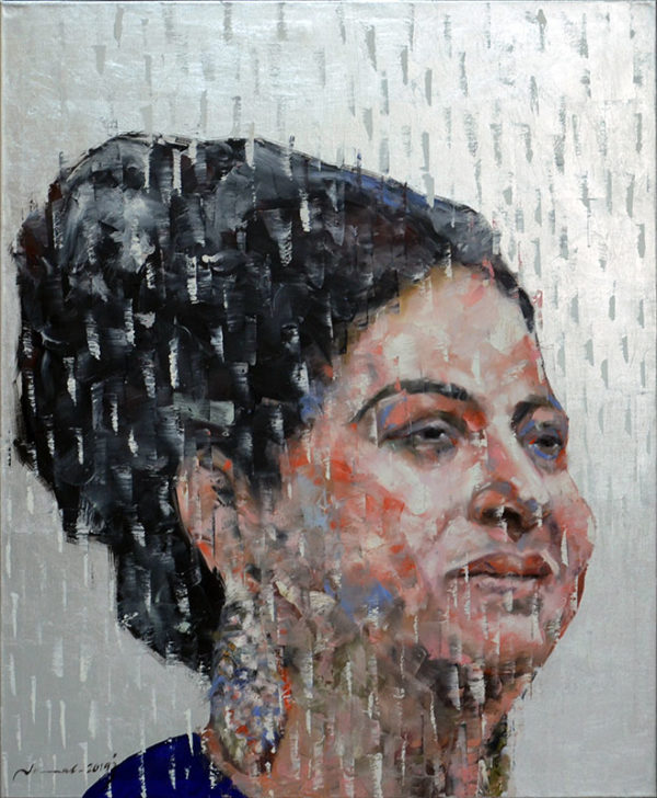 art-jamal 120x100, Om Kolthoum, oil on canvas & silver leaf, 2019(1)