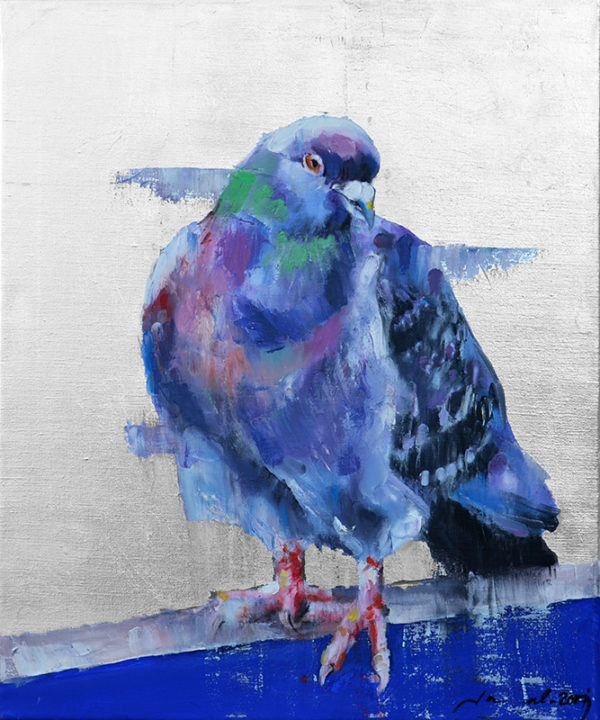 art-jamal 60x50 cm, Oil on Canvas & Silver Leaf, Pigeon 2, 2017