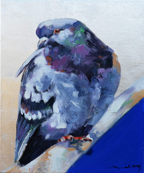 art-jamal 60x50 cm, Oil on Canvas & Silver Leaf, Pigeon 4, 2017